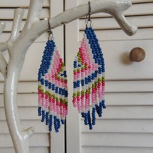 Handmade Beaded Fringe Earrings Blue Pink, Green White –Stainless Steel Hooks OS